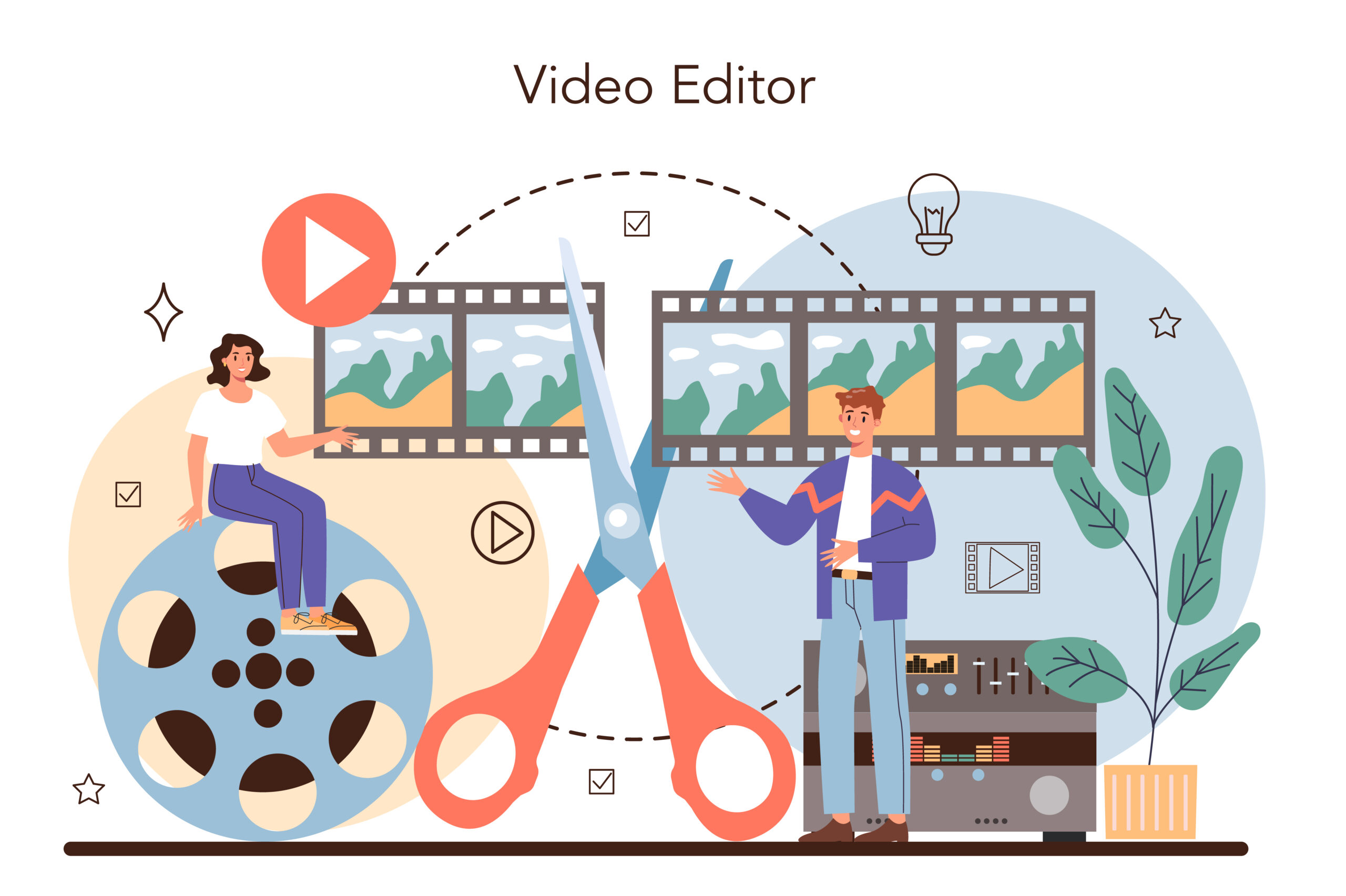 Concept of Videographer. Video production, filming and editing. Cameraman or motion designer. Making visual content for media with special equipment. Vector illustration is flat.