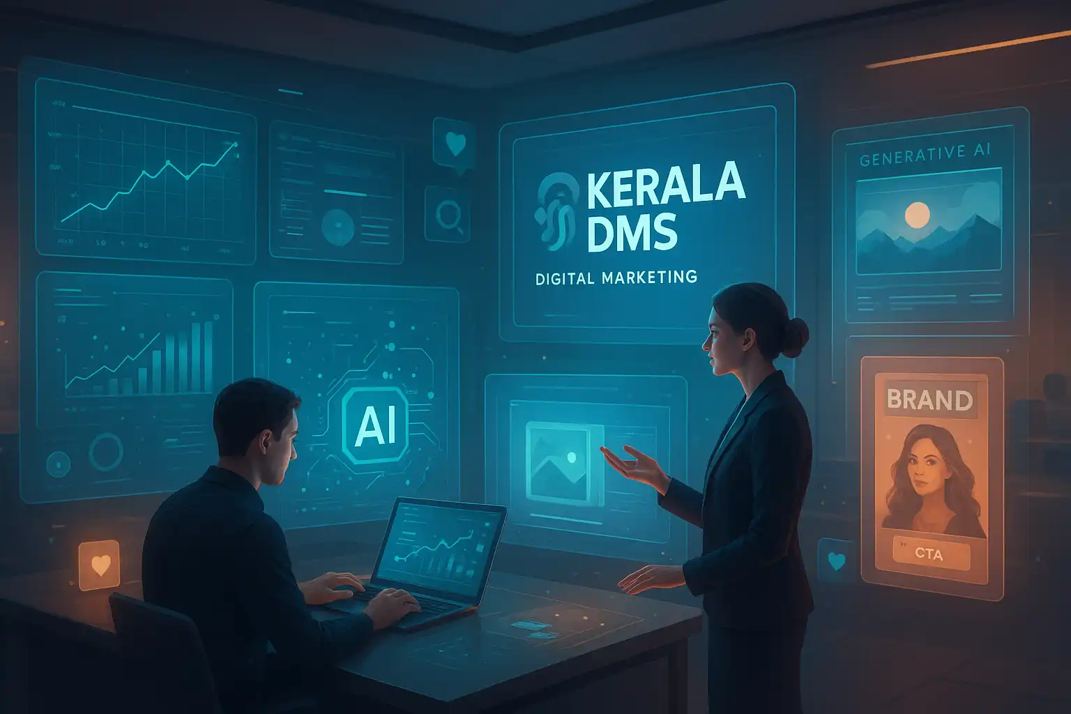 Illustration showing how generative AI is used in digital marketing for content creation and automation