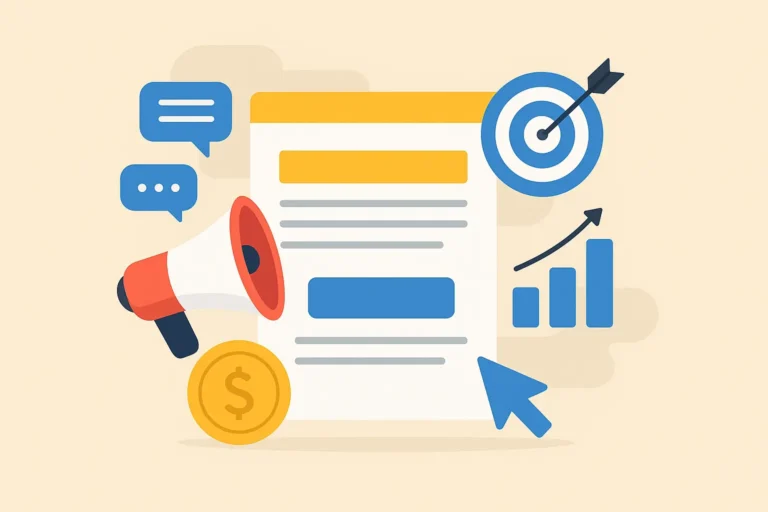 Flat digital illustration showing marketing elements like a megaphone, target with arrow, speech bubbles, coin, and growth chart symbolizing high-converting ad copy.