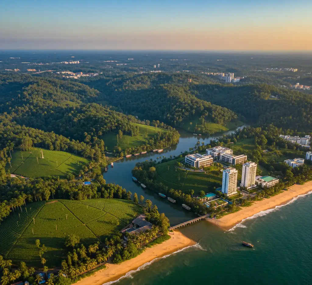 Aerial photography of Kerala cityscape captured by the best creative agency in Kerala, TLM Studios