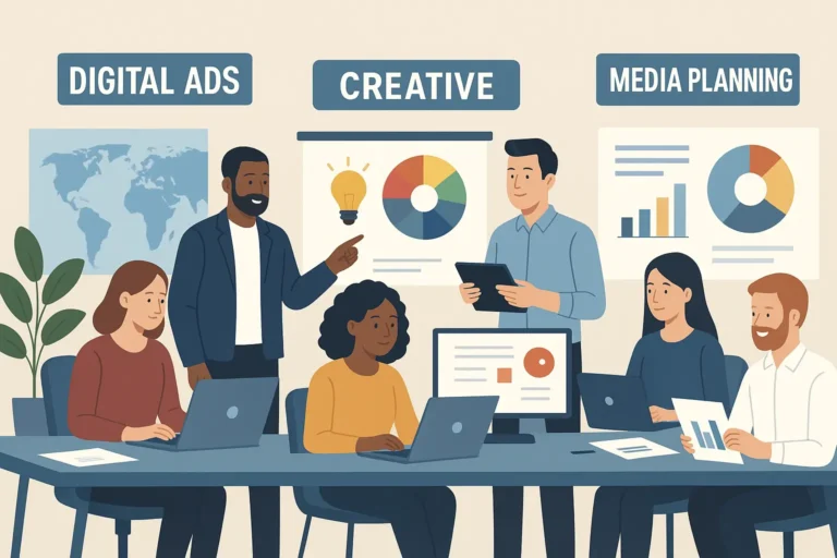 Different types of advertising agencies concept showing digital, creative, media, and full-service marketing teams working together