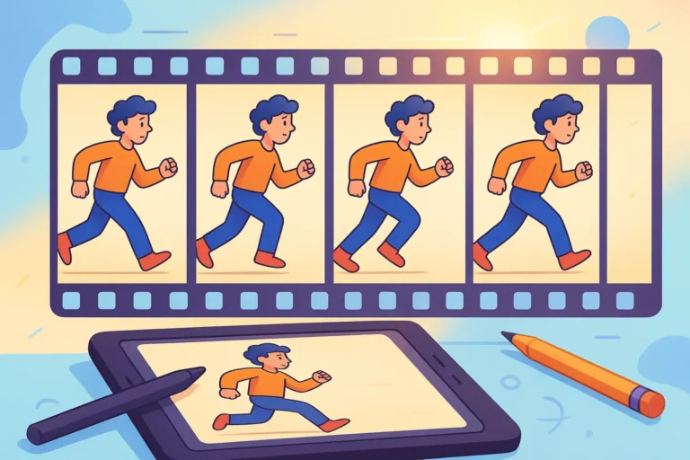 Illustration showing the process of frame-by-frame animation with hand-drawn frames transforming into a smooth animated motion