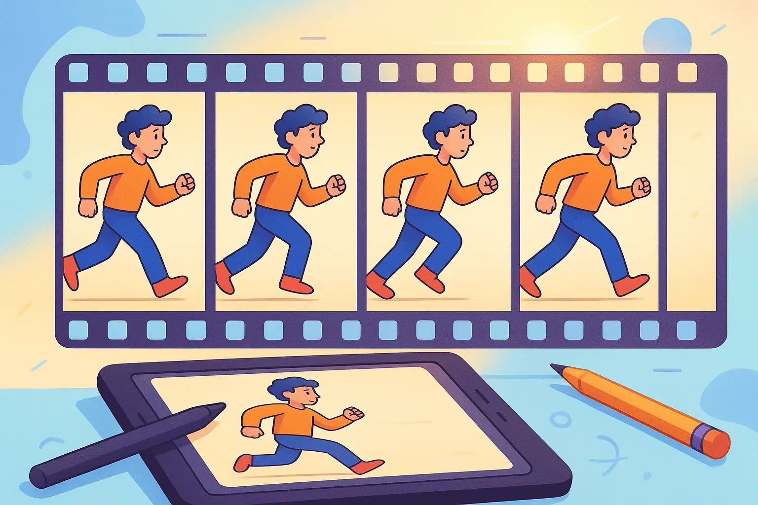 Illustration showing the process of frame-by-frame animation with hand-drawn frames transforming into a smooth animated motion