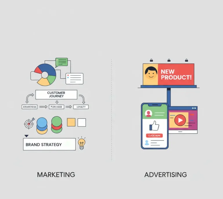 Illustration explaining are advertising and marketing the same thing with visuals comparing marketing strategy and advertising campaigns
