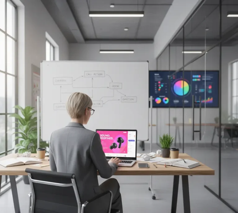 An image showing a copywriter designing advertising copy on a laptop, highlighting what advertising copy is, with a digital ad on the screen.