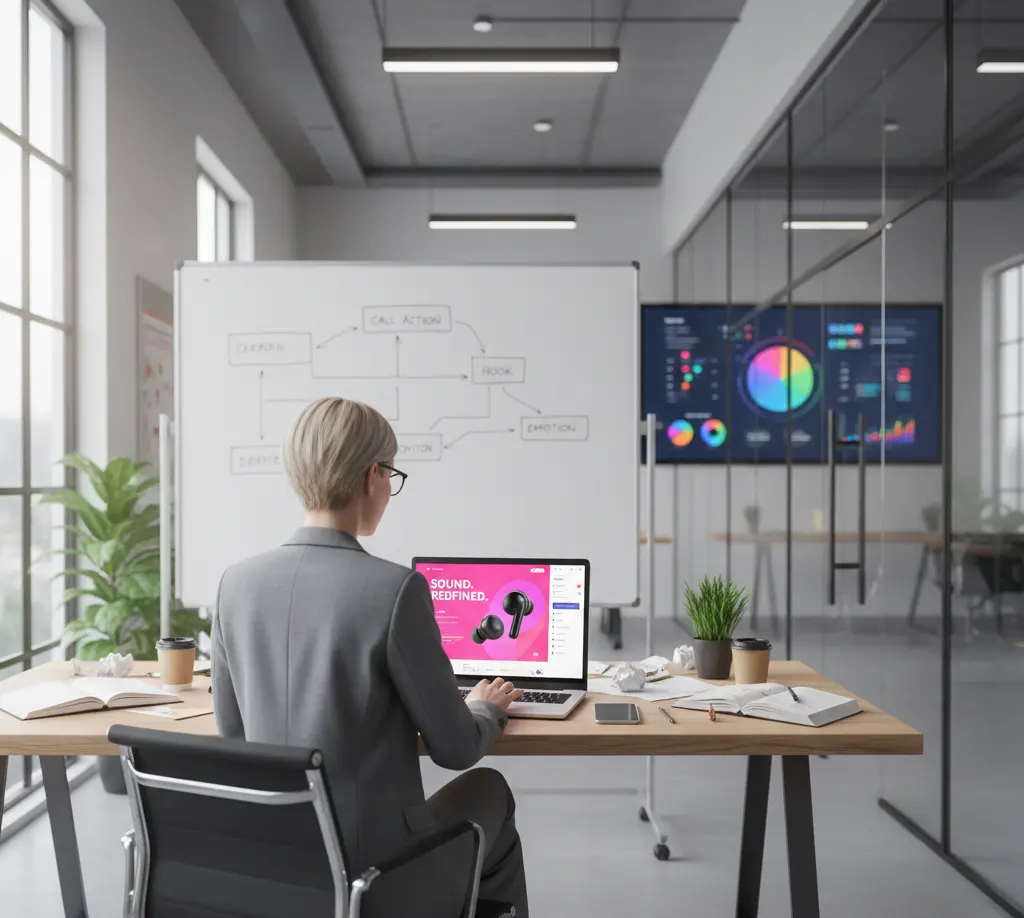 An image showing a copywriter designing advertising copy on a laptop, highlighting what advertising copy is, with a digital ad on the screen.