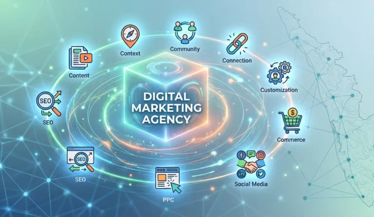A visual concept explaining what do you mean by a digital marketing agency and its core components, like SEO, Content Marketing, and the 7 C's.